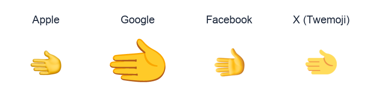 Leftwards Hand emoji artwork compared side by side for Apple, Google Noto, Facebook, and X Twemoji styles on white.