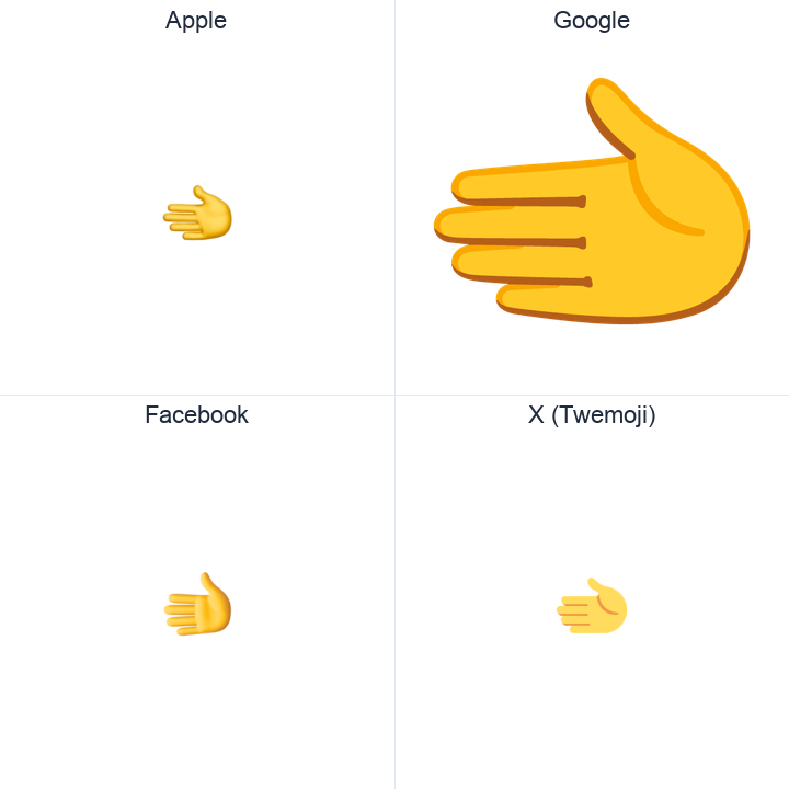 Leftwards Hand emoji in a square grid: Apple and Google on the top row, Facebook and X Twemoji on the bottom, on white.