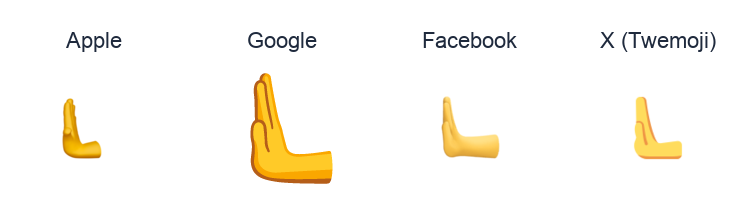 Leftwards Pushing Hand emoji artwork compared side by side for Apple, Google Noto, Facebook, and X Twemoji styles on white.