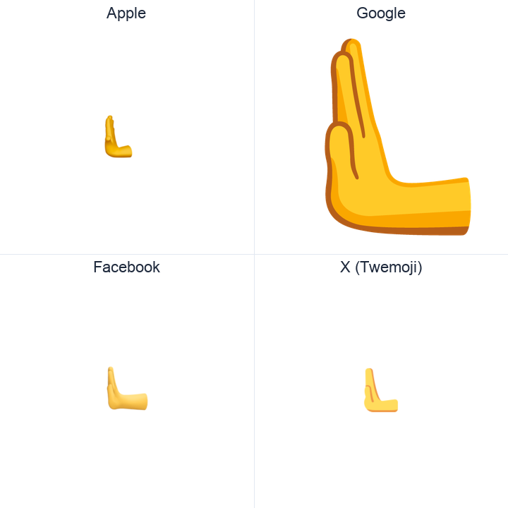 Leftwards Pushing Hand emoji in a square grid: Apple and Google on the top row, Facebook and X Twemoji on the bottom, on white.