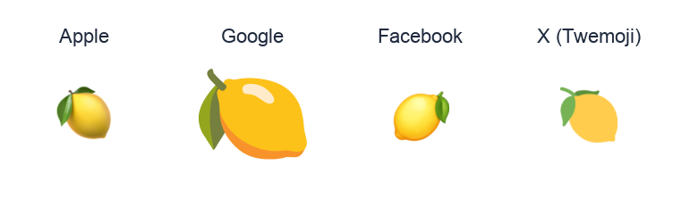Lemon emoji artwork compared side by side for Apple, Google Noto, Facebook, and X Twemoji styles on white.