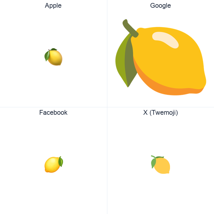 Lemon emoji in a square grid: Apple and Google on the top row, Facebook and X Twemoji on the bottom, on white.
