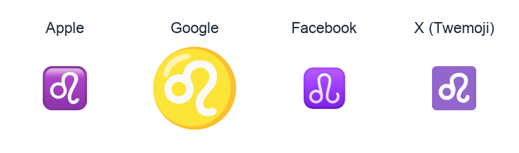 Leo emoji artwork compared side by side for Apple, Google Noto, Facebook, and X Twemoji styles on white.