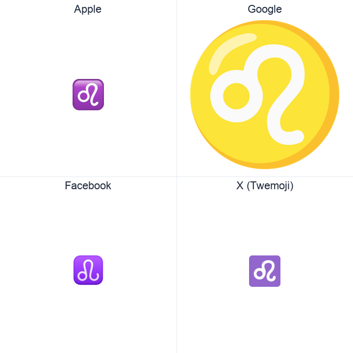 Leo emoji in a square grid: Apple and Google on the top row, Facebook and X Twemoji on the bottom, on white.