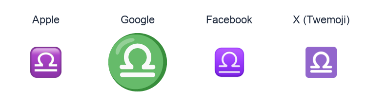 Libra emoji artwork compared side by side for Apple, Google Noto, Facebook, and X Twemoji styles on white.
