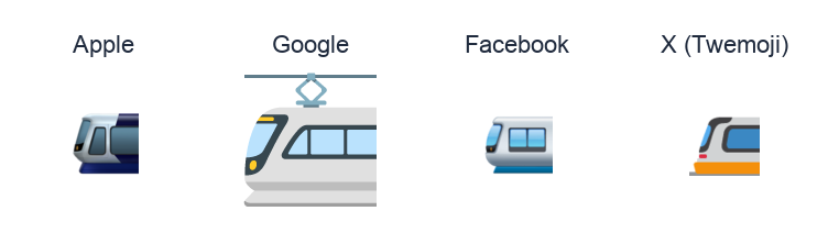 Light Rail emoji artwork compared side by side for Apple, Google Noto, Facebook, and X Twemoji styles on white.