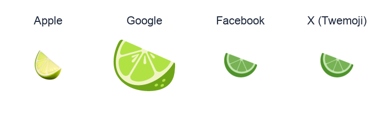Lime emoji artwork compared side by side for Apple, Google Noto, Facebook, and X Twemoji styles on white.