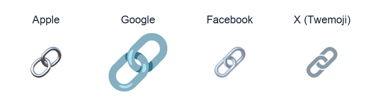 Link Symbol emoji artwork compared side by side for Apple, Google Noto, Facebook, and X Twemoji styles on white.