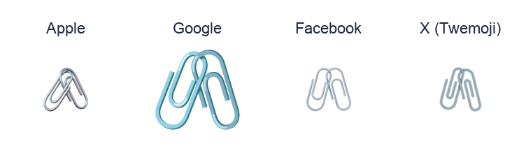 Linked Paperclips emoji artwork compared side by side for Apple, Google Noto, Facebook, and X Twemoji styles on white.