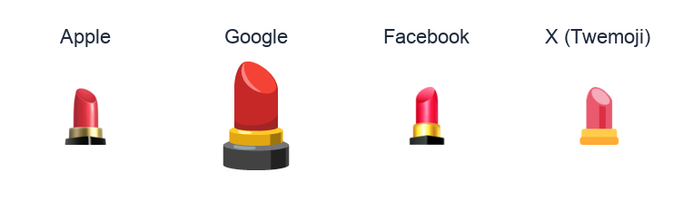 Lipstick emoji artwork compared side by side for Apple, Google Noto, Facebook, and X Twemoji styles on white.