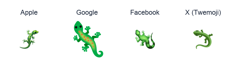 Lizard emoji artwork compared side by side for Apple, Google Noto, Facebook, and X Twemoji styles on white.