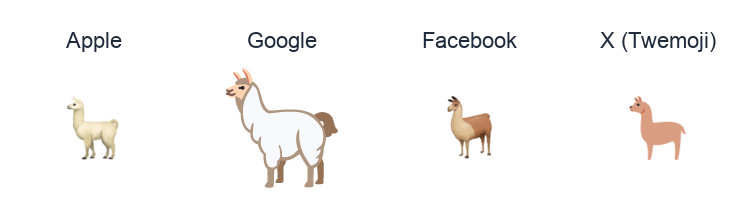 Llama emoji artwork compared side by side for Apple, Google Noto, Facebook, and X Twemoji styles on white.