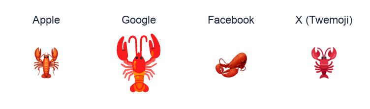 Lobster emoji artwork compared side by side for Apple, Google Noto, Facebook, and X Twemoji styles on white.