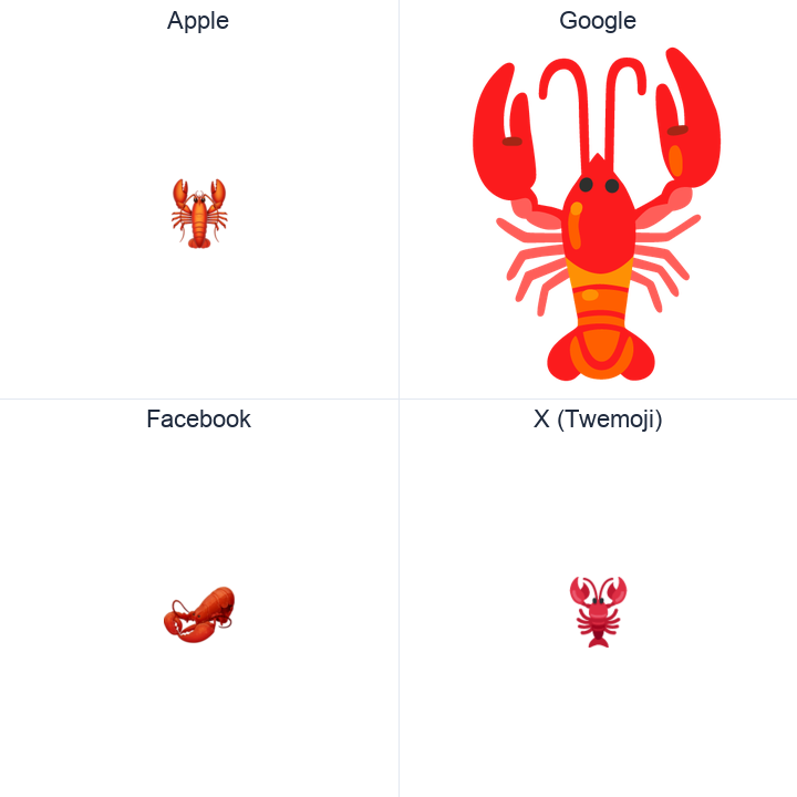 Lobster emoji in a square grid: Apple and Google on the top row, Facebook and X Twemoji on the bottom, on white.