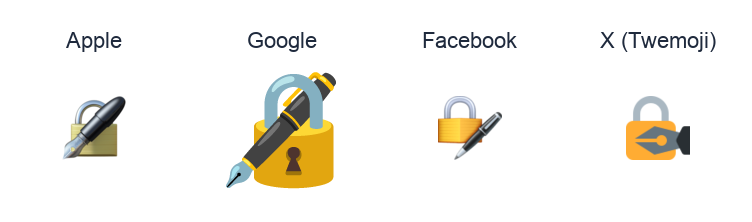 Lock With Ink Pen emoji artwork compared side by side for Apple, Google Noto, Facebook, and X Twemoji styles on white.
