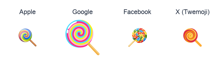 Lollipop emoji artwork compared side by side for Apple, Google Noto, Facebook, and X Twemoji styles on white.