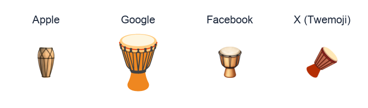 Long Drum emoji artwork compared side by side for Apple, Google Noto, Facebook, and X Twemoji styles on white.