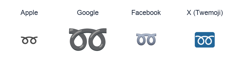 Double Curly Loop emoji artwork compared side by side for Apple, Google Noto, Facebook, and X Twemoji styles on white.
