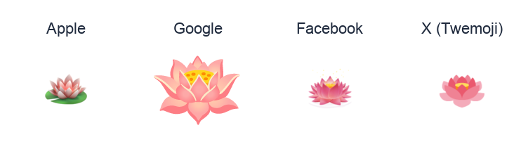 Lotus emoji artwork compared side by side for Apple, Google Noto, Facebook, and X Twemoji styles on white.