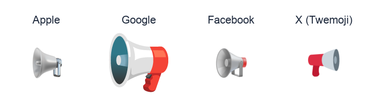 Public Address Loudspeaker emoji artwork compared side by side for Apple, Google Noto, Facebook, and X Twemoji styles on white.