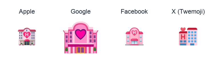 Love Hotel emoji artwork compared side by side for Apple, Google Noto, Facebook, and X Twemoji styles on white.