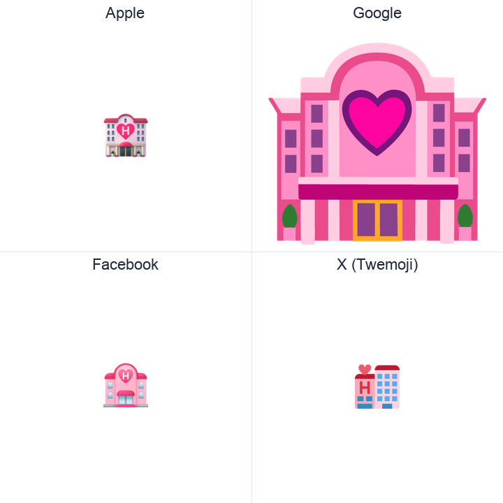 Love Hotel emoji in a square grid: Apple and Google on the top row, Facebook and X Twemoji on the bottom, on white.