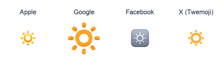 Low Brightness Symbol emoji artwork compared side by side for Apple, Google Noto, Facebook, and X Twemoji styles on white.
