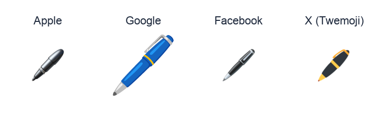 Pen emoji artwork compared side by side for Apple, Google Noto, Facebook, and X Twemoji styles on white.