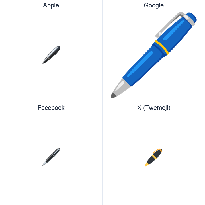 Pen emoji in a square grid: Apple and Google on the top row, Facebook and X Twemoji on the bottom, on white.