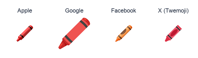 Crayon emoji artwork compared side by side for Apple, Google Noto, Facebook, and X Twemoji styles on white.