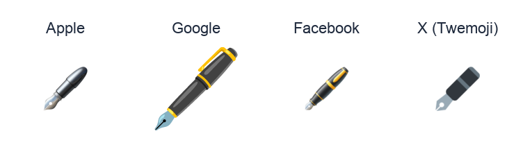 Fountain Pen emoji artwork compared side by side for Apple, Google Noto, Facebook, and X Twemoji styles on white.
