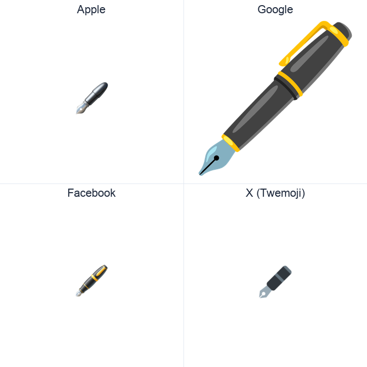 Fountain Pen emoji in a square grid: Apple and Google on the top row, Facebook and X Twemoji on the bottom, on white.