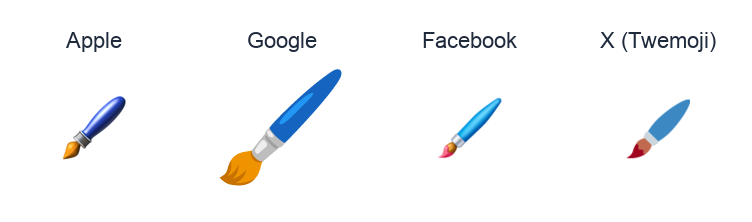 Paintbrush emoji artwork compared side by side for Apple, Google Noto, Facebook, and X Twemoji styles on white.