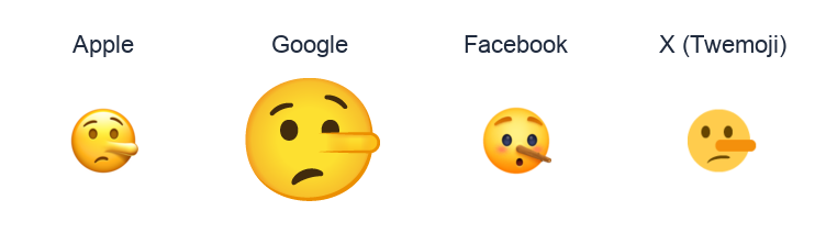 Lying Face emoji artwork compared side by side for Apple, Google Noto, Facebook, and X Twemoji styles on white.
