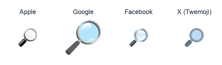 Right-Pointing Magnifying Glass emoji artwork compared side by side for Apple, Google Noto, Facebook, and X Twemoji styles on white.