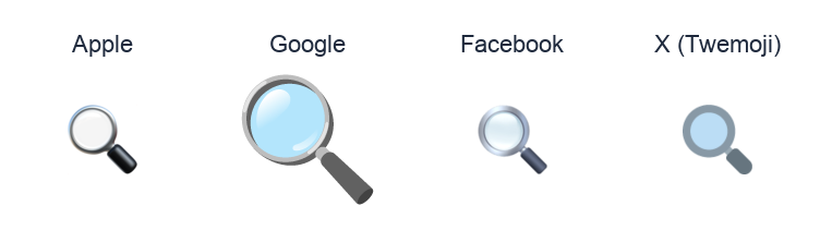 Left-Pointing Magnifying Glass emoji artwork compared side by side for Apple, Google Noto, Facebook, and X Twemoji styles on white.