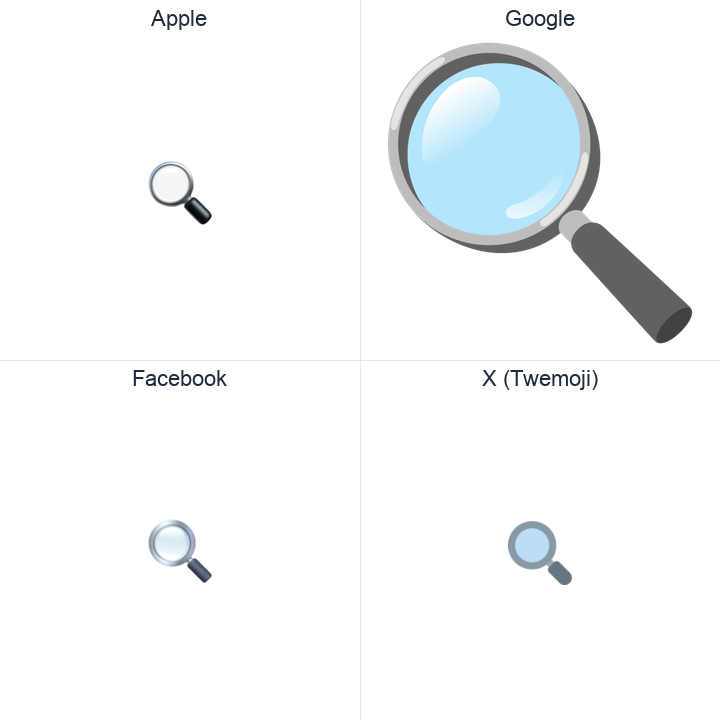 Left-Pointing Magnifying Glass emoji in a square grid: Apple and Google on the top row, Facebook and X Twemoji on the bottom, on white.