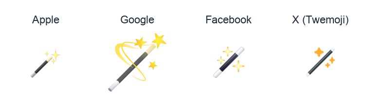 Magic Wand emoji artwork compared side by side for Apple, Google Noto, Facebook, and X Twemoji styles on white.