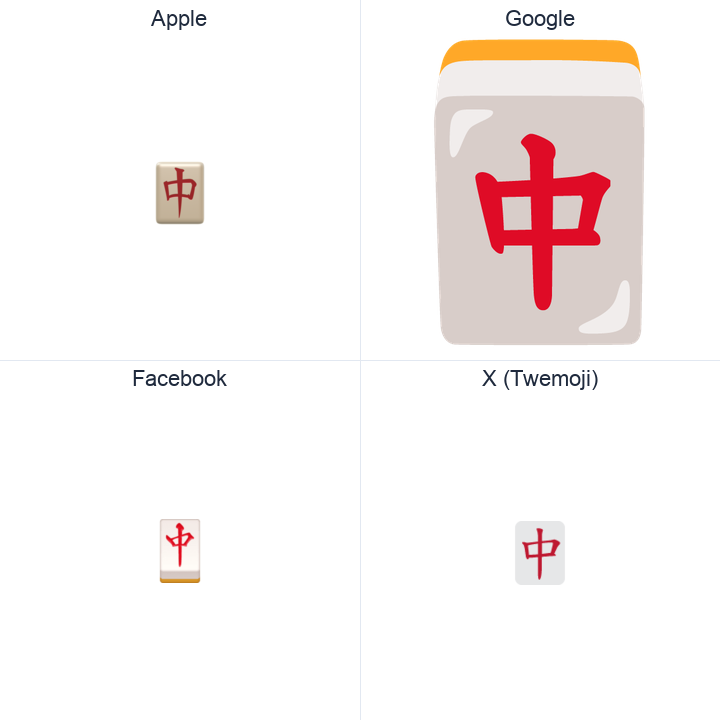 Mahjong Tile Red Dragon emoji in a square grid: Apple and Google on the top row, Facebook and X Twemoji on the bottom, on white.