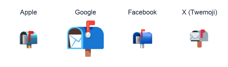 Open Mailbox With Raised Flag emoji artwork compared side by side for Apple, Google Noto, Facebook, and X Twemoji styles on white.