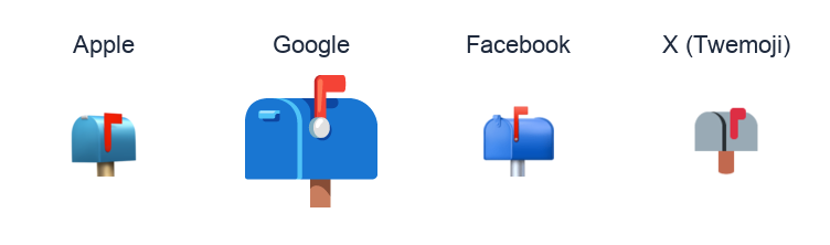 Closed Mailbox With Raised Flag emoji artwork compared side by side for Apple, Google Noto, Facebook, and X Twemoji styles on white.