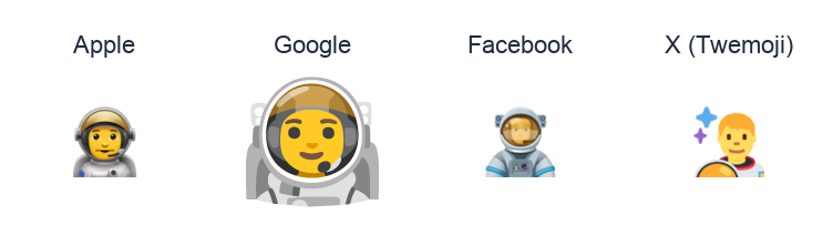 Man Astronaut emoji artwork compared side by side for Apple, Google Noto, Facebook, and X Twemoji styles on white.