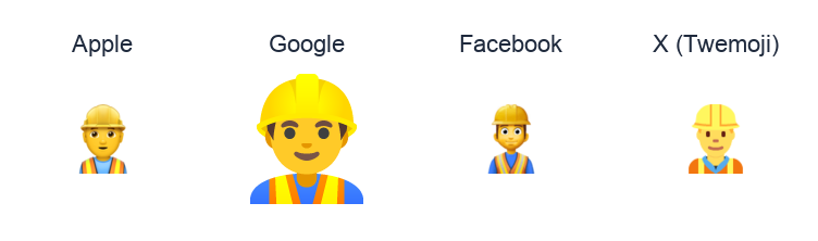 Man Construction Worker emoji artwork compared side by side for Apple, Google Noto, Facebook, and X Twemoji styles on white.