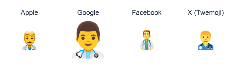 Man Health Worker emoji artwork compared side by side for Apple, Google Noto, Facebook, and X Twemoji styles on white.