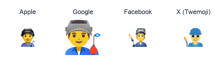 Man Factory Worker emoji artwork compared side by side for Apple, Google Noto, Facebook, and X Twemoji styles on white.