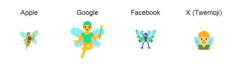 Man Fairy emoji artwork compared side by side for Apple, Google Noto, Facebook, and X Twemoji styles on white.