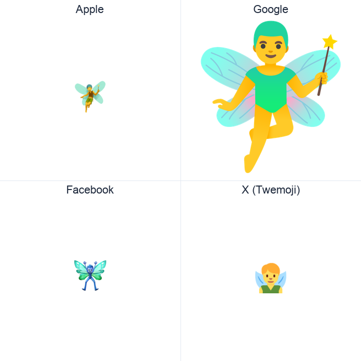 Man Fairy emoji in a square grid: Apple and Google on the top row, Facebook and X Twemoji on the bottom, on white.