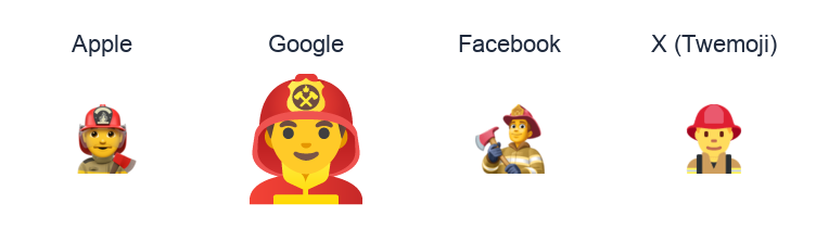 Man Firefighter emoji artwork compared side by side for Apple, Google Noto, Facebook, and X Twemoji styles on white.