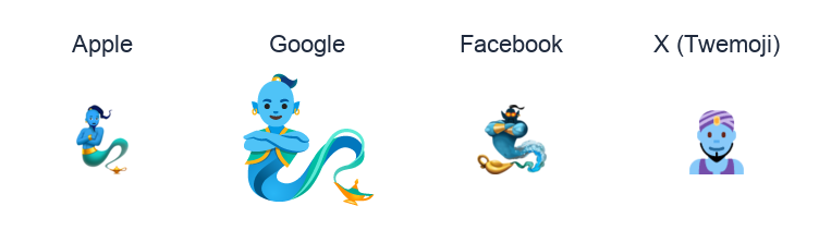 Man Genie emoji artwork compared side by side for Apple, Google Noto, Facebook, and X Twemoji styles on white.