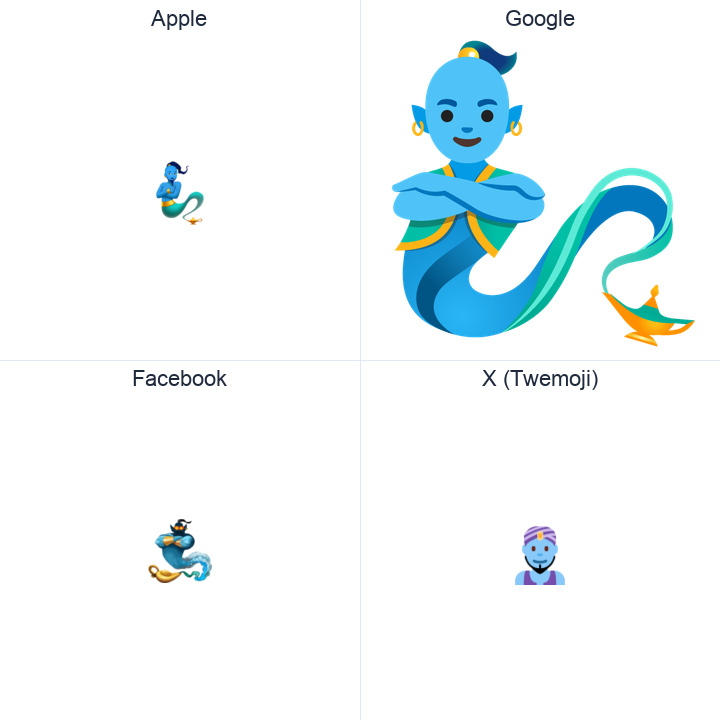 Man Genie emoji in a square grid: Apple and Google on the top row, Facebook and X Twemoji on the bottom, on white.